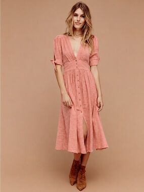 Free People Love of My Life Cotton  Gauze Dusty Rose Button-Front Midi SZ Small